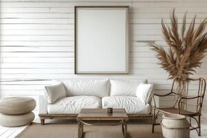 AI generated Minimalist farmhouse living room with blank frame mockup on white wooden wall paint. generative ai photo