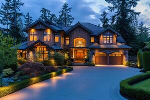 AI generated Beautiful Home Exterior in Evening with Glowing Interior Lights and Landscaping. photo