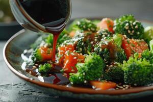 AI generated Stir-fry the broccoli with the sauce poured over photo