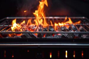 ai generado caliente vacío portátil parilla barbacoa parrilla con llameante fuego y ascua carbón en negro antecedentes. esperando para el colocación de tu alimento. cerca arriba foto