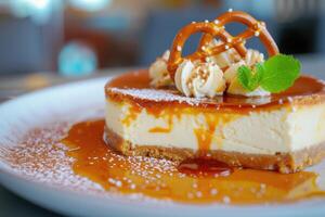 AI generated Dessert Fusion Exploring the Richness of Pretzels and Caramel in Cheesecake. generative ai photo