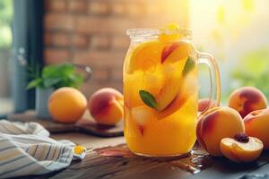 AI generated Refreshing Peach Sangria on wooden kitchen background. generative ai photo