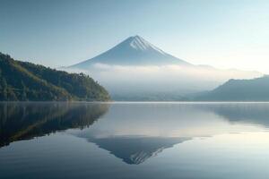 ai generado volcánico montaña en Mañana ligero reflejado en calma aguas de lago. generativo ai foto