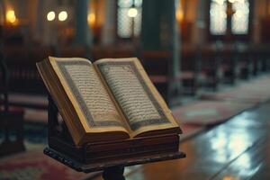 ai generado corán, santo libro de islam en mezquita. generativo ai foto