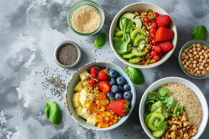 AI generated Breakfast Vegan Bowls, Flat Lay View. generative ai photo