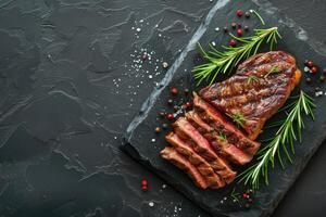 AI generated Roasted beef steak on dark stone background with rosemary herbs. Top view,generative ai photo