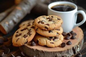 ai generado un pila de choco chip galletas y un taza caliente café. generativo ai foto