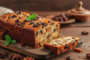 AI generated Homemade fruit cake with raisins photo