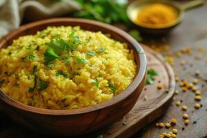 AI generated Khichdi or khichri is a dish in South Asian cuisine made of rice and lentils with numerous variations. generative ai photo