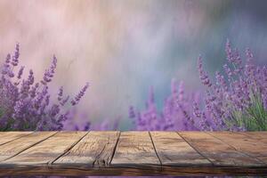 AI generated Empty Wooden Table Top for Product Display with Lavender Background. generative ai photo