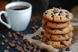 ai generado un pila de choco chip galletas y un taza caliente café. generativo ai foto