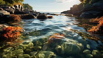 AI generated Tranquil sunset over blue waters, rocky coastline reflects natural beauty generated by AI photo