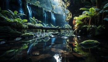 AI generated Freshness of flowing water in tranquil tropical rainforest landscape generated by AI photo