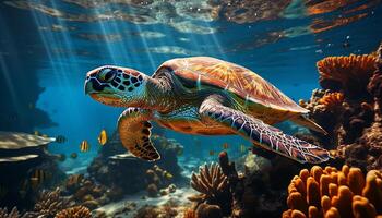 AI generated Underwater turtle swimming in blue sea, surrounded by multi colored fish generated by AI photo