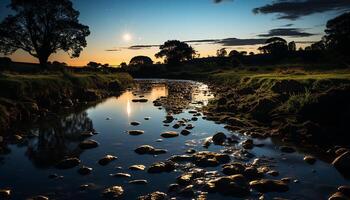 AI generated Sunset over tranquil meadow, reflecting beauty in nature twilight generated by AI photo