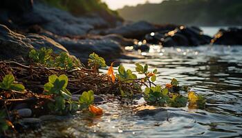 AI generated Tranquil scene sunset reflects on pond, nature vibrant colors generated by AI photo