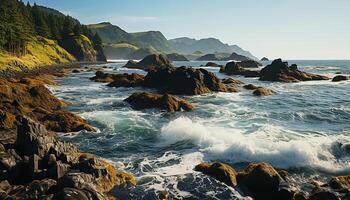 AI generated Tranquil sunset, majestic wave splashing on rocky coastline generated by AI photo