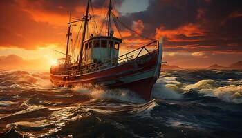 AI generated Sailing ship glides on water, sunset paints nature masterpiece generated by AI photo