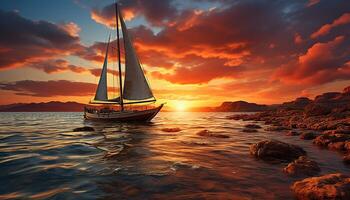 AI generated Sailboat sails on tranquil water, sunset paints a tropical landscape generated by AI photo