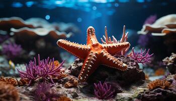 AI generated Underwater nature reef, animal, starfish, fish, water, multi colored, scuba diving, coral, sea life generated by AI photo