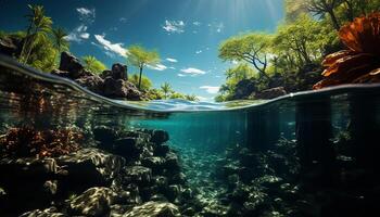 AI generated Underwater fish swim in the deep blue tropical reef generated by AI photo