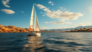 AI generated Sailing yacht glides on blue waves, embracing nature beauty generated by AI photo