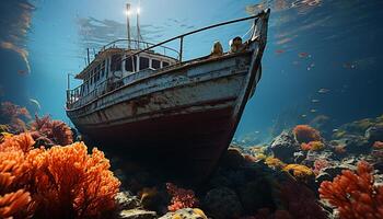 AI generated Deep underwater adventure shipwreck reveals vibrant coral and sea life generated by AI photo