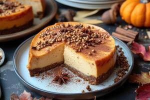 AI generated Autumn Delight, Indulging in the Richness of Pumpkin Spice Cheesecake. generative ai photo
