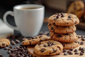 ai generado un pila de choco chip galletas y un taza caliente café. generativo ai foto