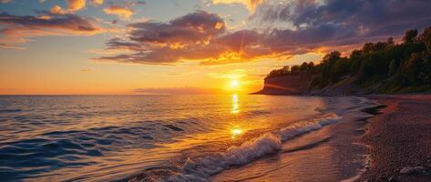 ai generado hermosa puesta de sol terminado lago superior. generativo ai foto