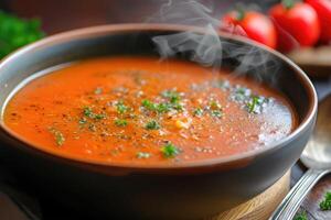 ai generado tomate shorba un humeante cuenco de cremoso tomate sopa guarnición. generativo ai foto