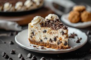 ai generado dulce sinfonía, deleitando en chocolate chip Galleta masa tarta de queso foto