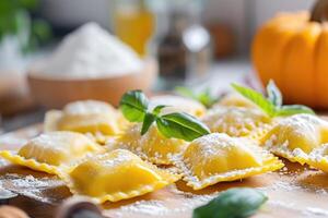 AI generated Pumpkin Ravioli, Delicious and Sumptuous White Kitchen Decor. generative ai photo