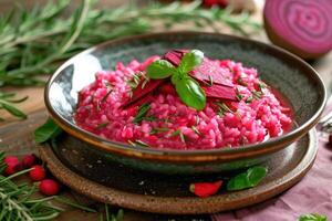 ai generado el radiante rojo, raíz de remolacha risotto, un gastrónomo obra maestra en cada morder. generativo ai foto