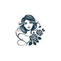 el cara de un hermosa niña con flores en su cabello. negro y blanco silueta. creativo belleza diseño. vector utilizar logo camiseta