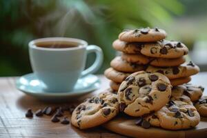 ai generado un pila de choco chip galletas y un taza caliente café. generativo ai foto