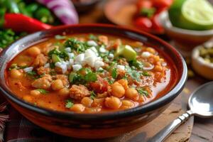 ai generado sopa con un girar, descubrir el negrita y picante delicias de pozole. generativo ai foto