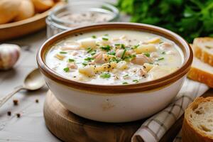 AI generated New England clam chowder soup white farmhouse kitchen background. generative ai photo