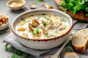 AI generated New England clam chowder soup white farmhouse kitchen background. generative ai photo