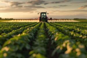 AI generated Tractor Spraying Pesticides at Soy Bean Field. generative ai photo