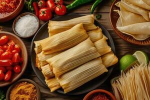 ai generado tradicional tesoros,auténticos tamales Derecho desde el corazón con ingredientes, parte superior vista. generativo ai foto