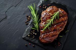 AI generated Roasted beef steak on dark stone background with rosemary herbs. Top view, generative ai photo