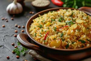 ai generado khichdi o khichri es un plato en sur asiático cocina hecho de arroz y lentejas con numeroso variaciones. generativo ai foto