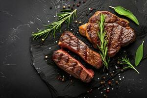 AI generated Roasted beef steak on dark stone background with rosemary herbs. Top view, generative ai photo