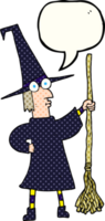 hand drawn comic book speech bubble cartoon witch with broom png