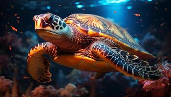 AI generated Cute turtle swimming in blue water, slow motion underwater generated by AI photo