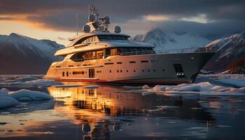 AI generated Luxury yacht sails through arctic landscape, reflecting beauty in nature generated by AI photo