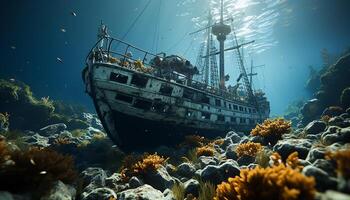 AI generated Underwater shipwreck reveals mysterious beauty in abandoned nautical vessel generated by AI photo