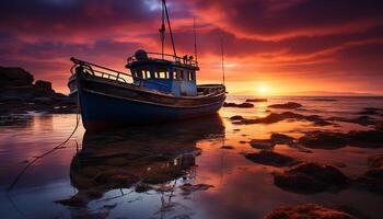 ai generado tranquilo puesta de sol en agua, pescar barco refleja belleza en naturaleza generado por ai foto