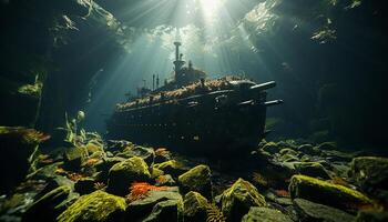 ai generado submarino aventuras buceo dentro naturaleza naufragio, explorador vistoso mar vida generado por ai foto